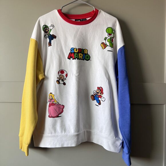 Super Mario Sweatshirt Mens Medium White Red Blue Yellow Nintendo Gamer Crewneck - Picture 1 of 14